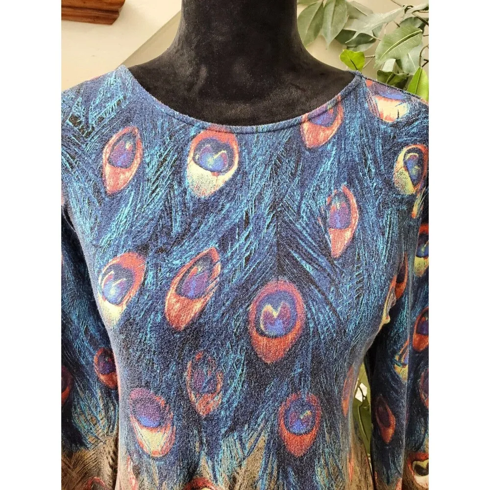 Grace Elements Women Blue & Gray Rayon Round Neck Long Sleeve Top Blouse Size L - Image 2