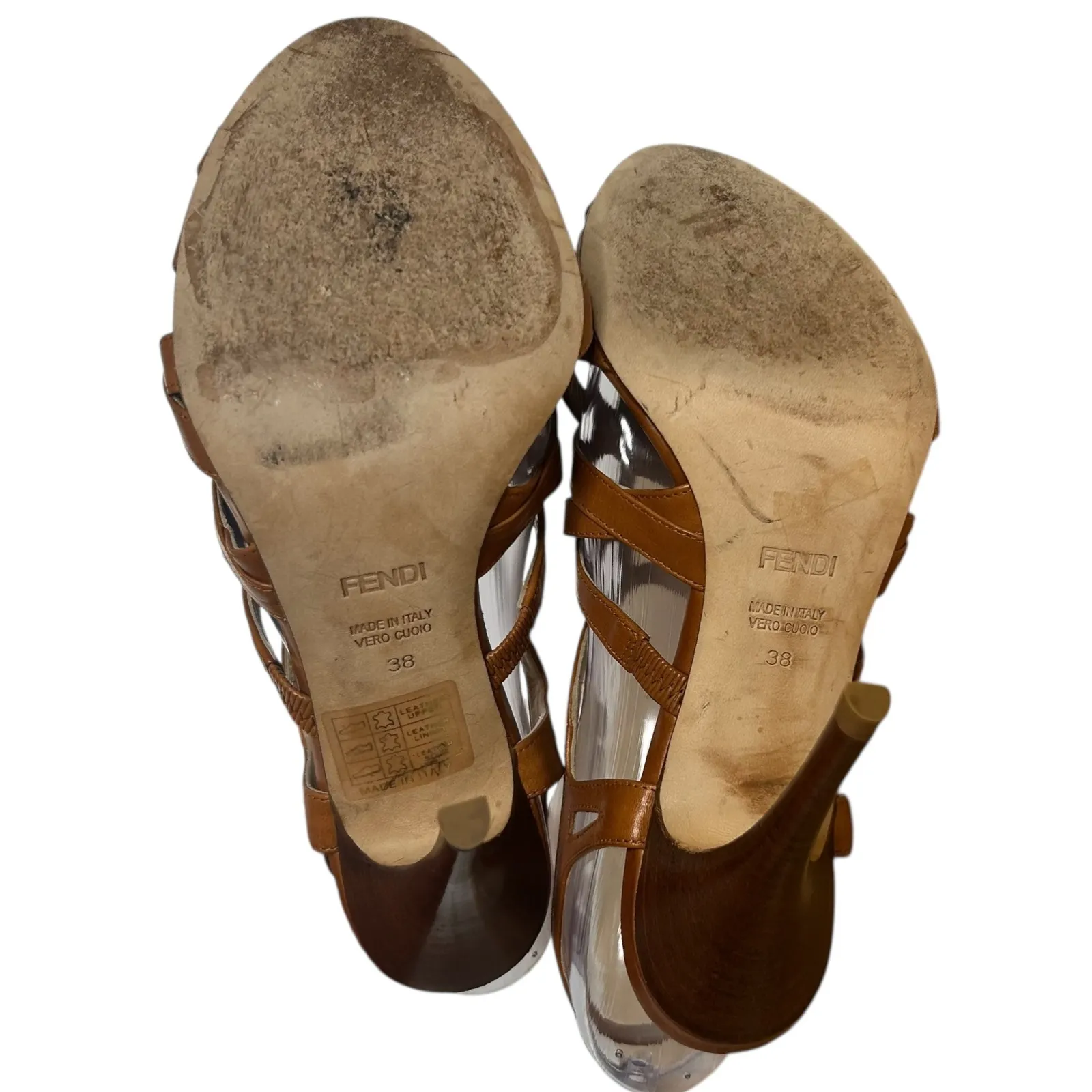 Fendi Spuntata Ciuoiotto Scotch Leather Caged High Heel Sandals Brown US 7.5 - Image 6