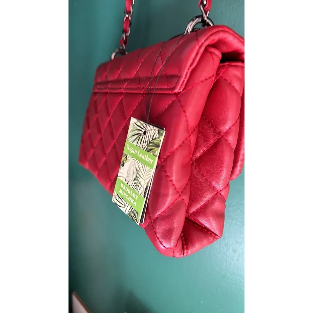 Badgley Mischka Designer Quilted Leather Red Silver Crossbody Purse - Image 5