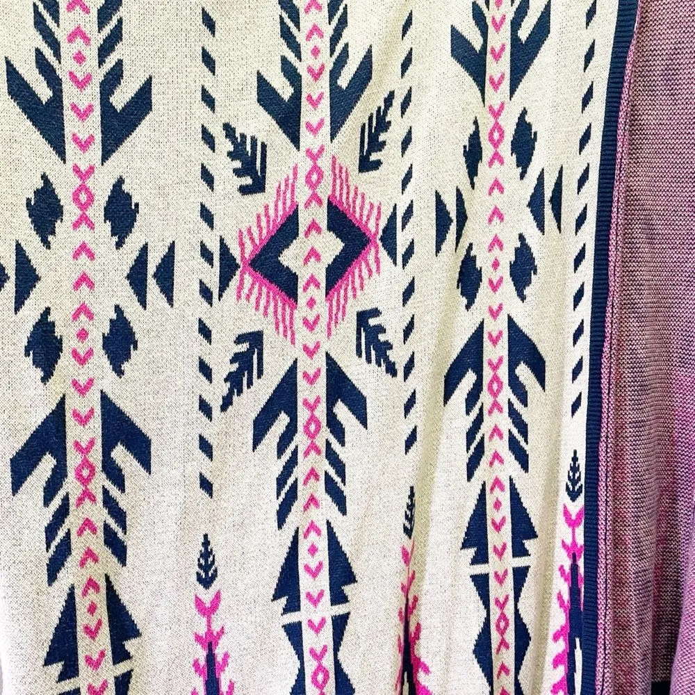 Flying Tomato Boho Aztec Sweater Kimono Size Medium Tan Navy Hot Pink Southwest - Image 7