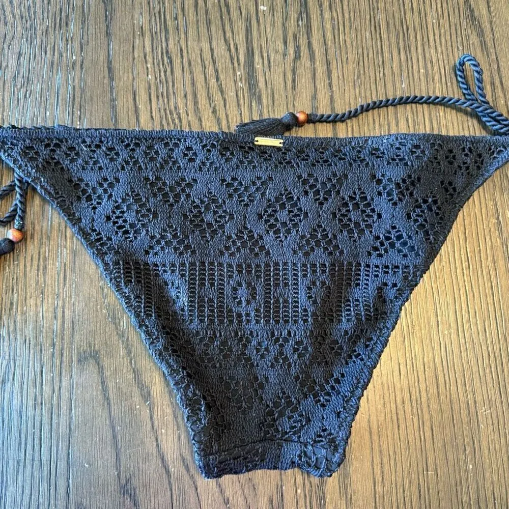 Victorias Secret Black Crocheted Side Tie Beaded Cheeky Swim Bikini Bottom Large - Image 3