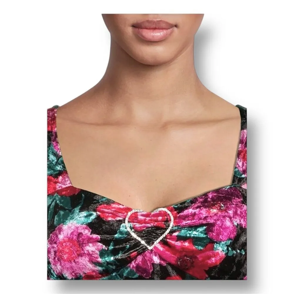 Madden‎ NYC 3X Black Velvet Floral Cropped Top Rhinestone Heart Y2K Whimsigoth - Image 11