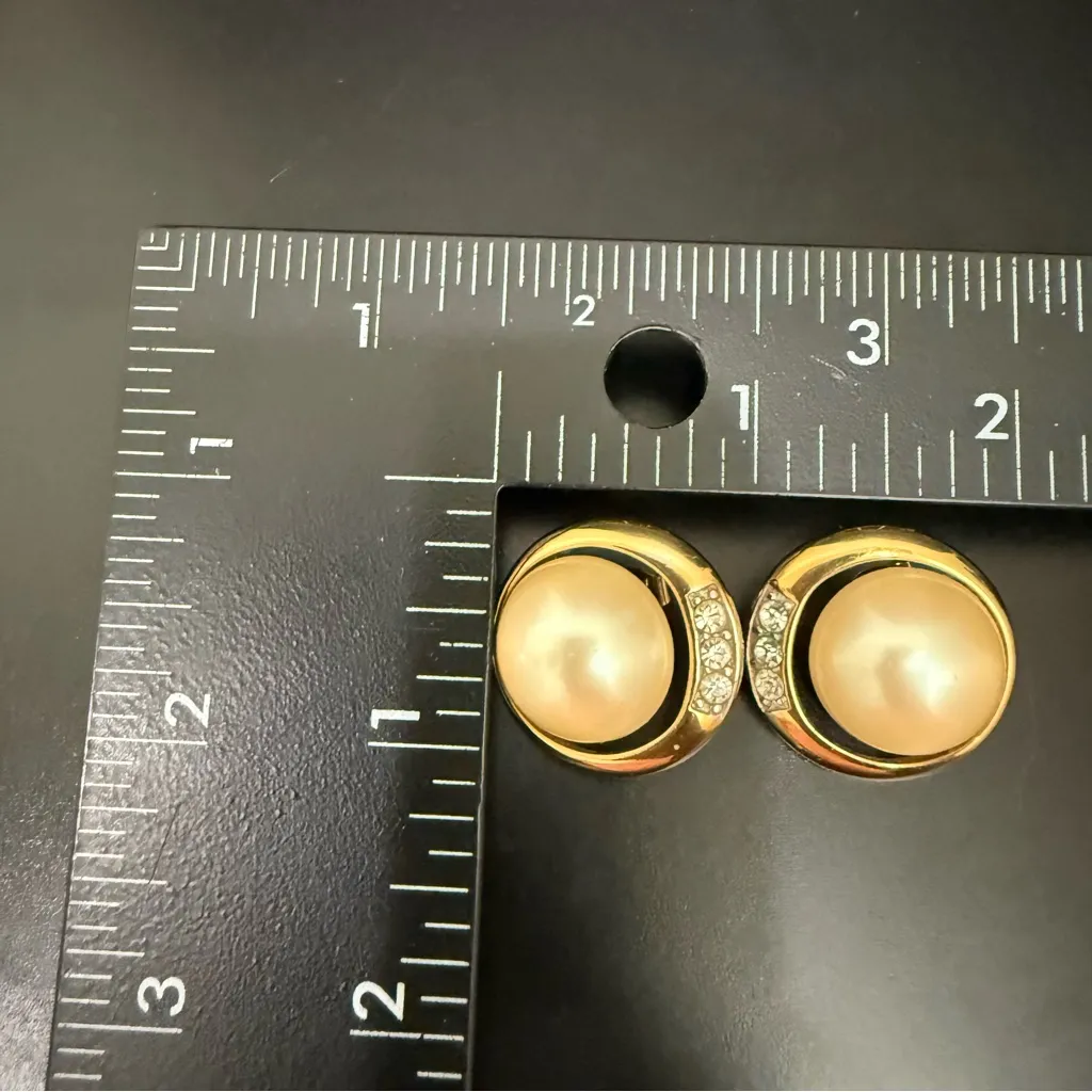 Vintage MONET Signed Gold-tone Faux Pearl Rhinestones Button Post Earrings 14.8g - Image 10