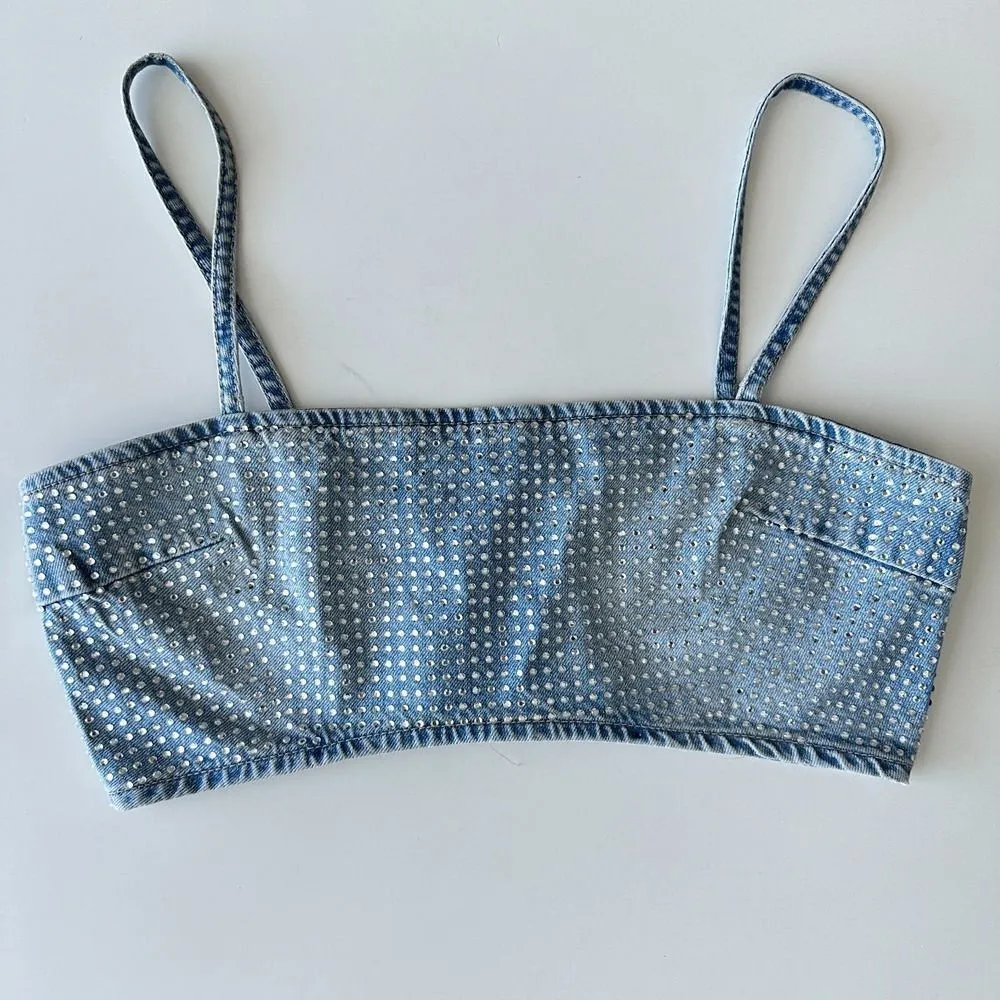 Zara Denim Crop Top Womens Large Rhinestones Bling Festival Glam Punk Rock Party - Image 5