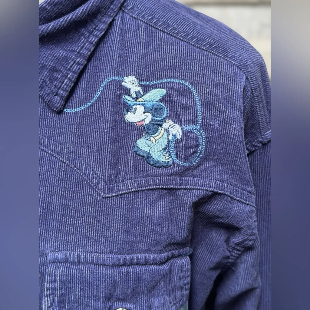 Vintage 90s Mickey Mouse Unlimited Corduroy Embroidered Western Shirt Cowgirl Blue Size M - Image 4