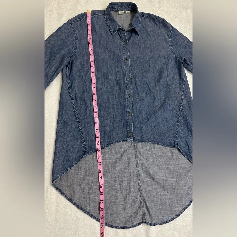 Eileen Fisher Blue Chambray Denim Asymmetrical Long Sleeve Shirt - Image 5