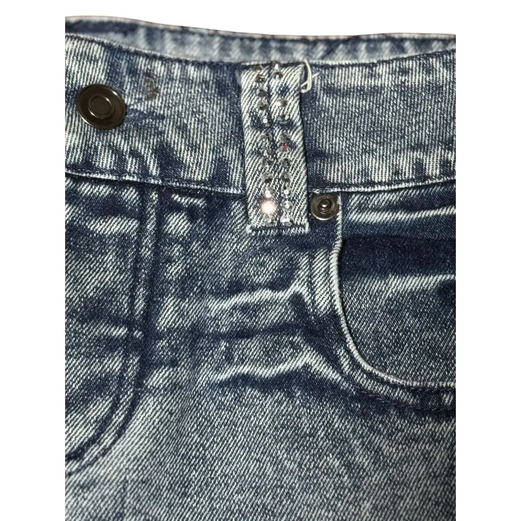 NEW Y2k Edge Womens M Denim Mini Skirt Rhinestone Trim Sparkle Bling Club party - Image 7