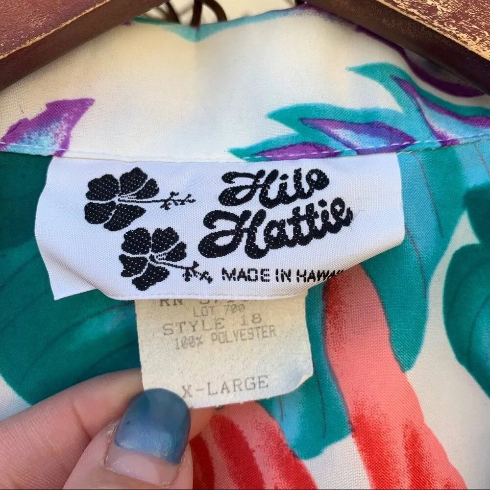 Vintage Hilo Hattie Hawaiian bright tropical button down shirt XL blue teal Pink - Image 2