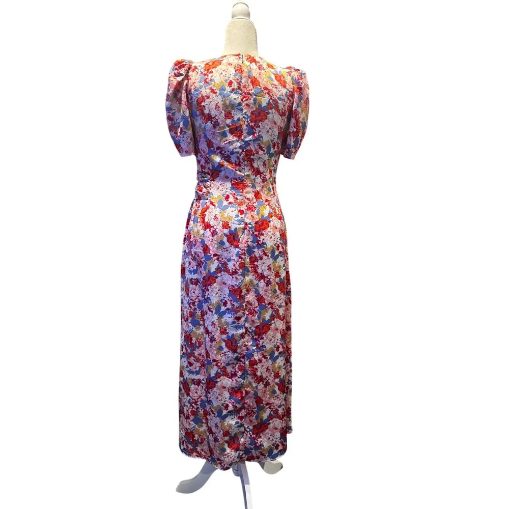 FLORET STUDIOS Floral Satin Faux Wrap Midi Dress in Blue - Image 2
