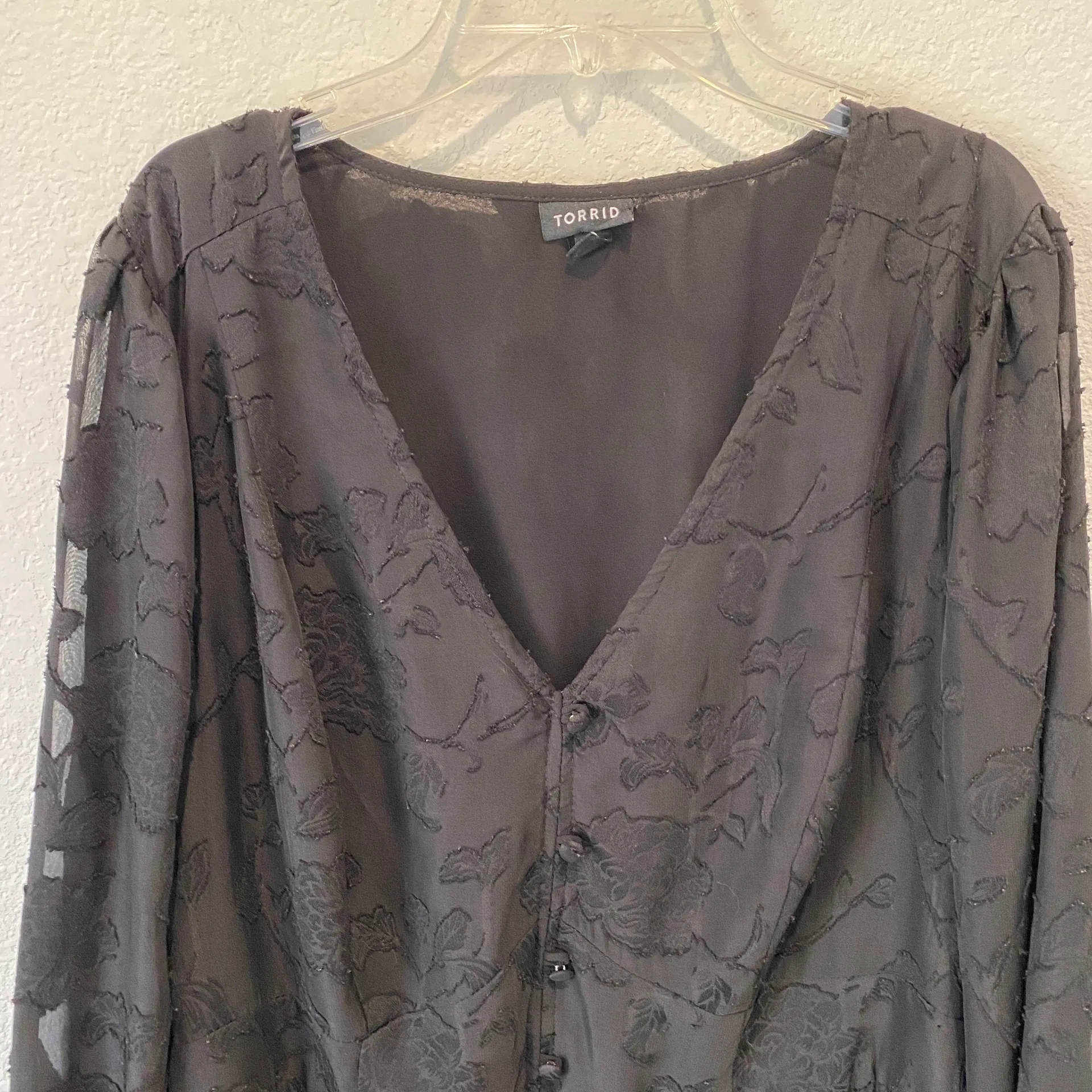 Peplum Chiffon Clip Floral Blouson Sleeve Top 2X - Image 5