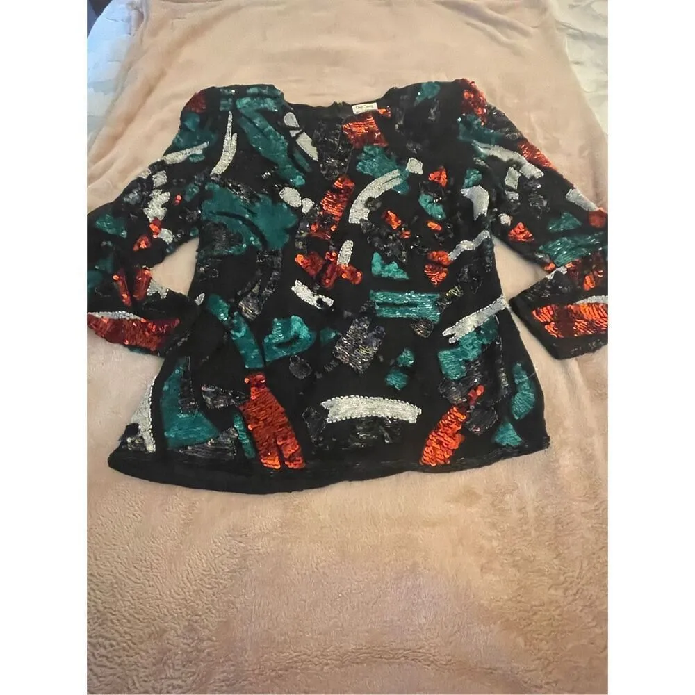 Vintage Oleg Cassini Floral Sequin Beaded 100% Silk Blouse M Party Holiday Red Size M - Image 10