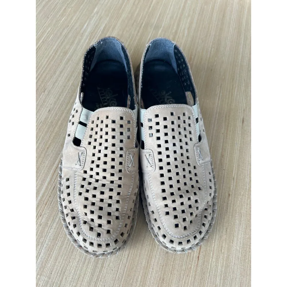 Rieker Slip On Loafers 39 Tan Laser Cut Elastic Flat Susan Anti Stress Size 8 - Image 2