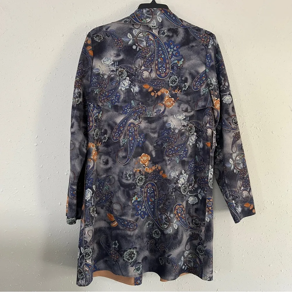 Solitaire Faux Suede Paisley Retro 70s Duster Jacket Blue Brown Casual Large - Image 5