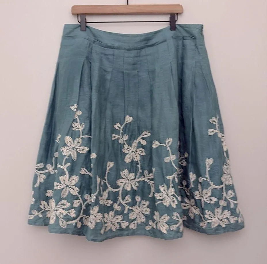 Talbots Floral Embroidered Pleated Skirt 100% Linen Teal Lined Cottagecore Sz 14 - Image 12