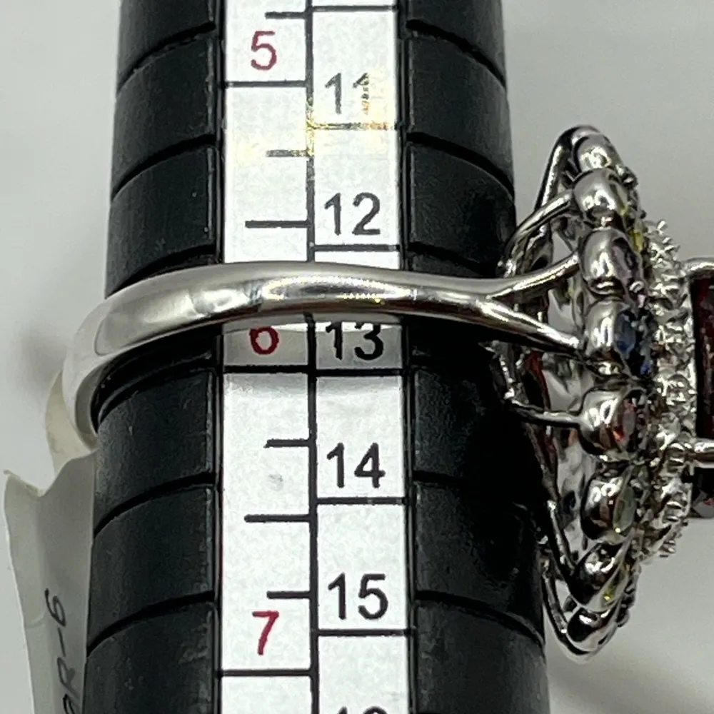 Cocktail Ring Faceted Red Quartz Multi Gemstone Flower Ring Signed FP Sz 6 VTG - Image 13