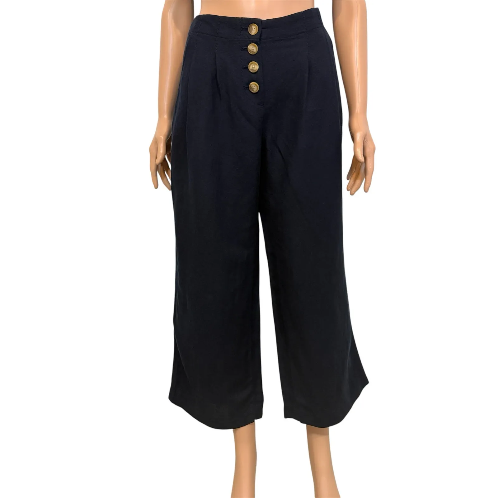 Loft XS navy wide leg cropped linen pleated button front pant P 2785 - Image 13