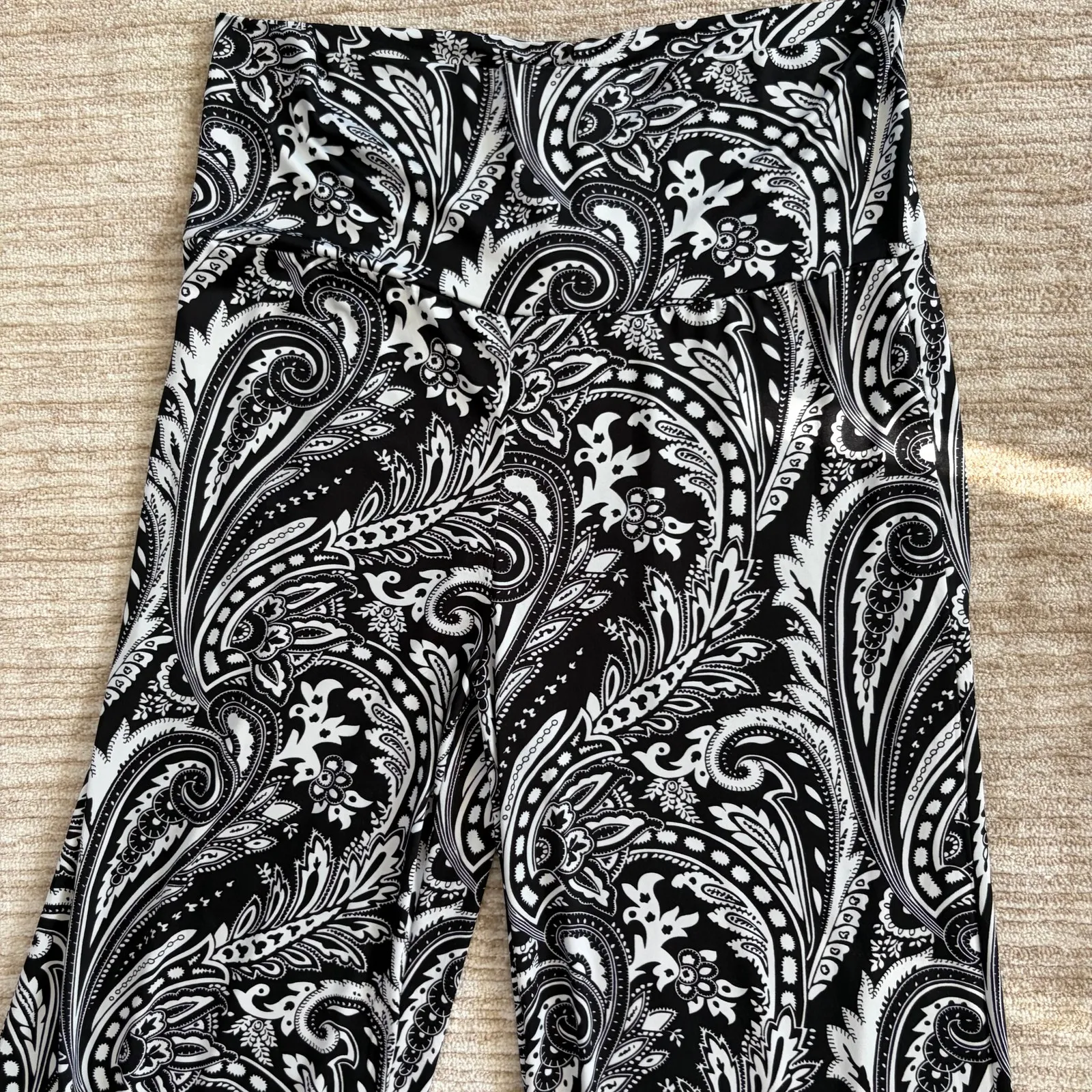 Wide Leg Women's 1X Flowy Black White Paisley High Rise Pants Soft Stretch Boho - Image 2