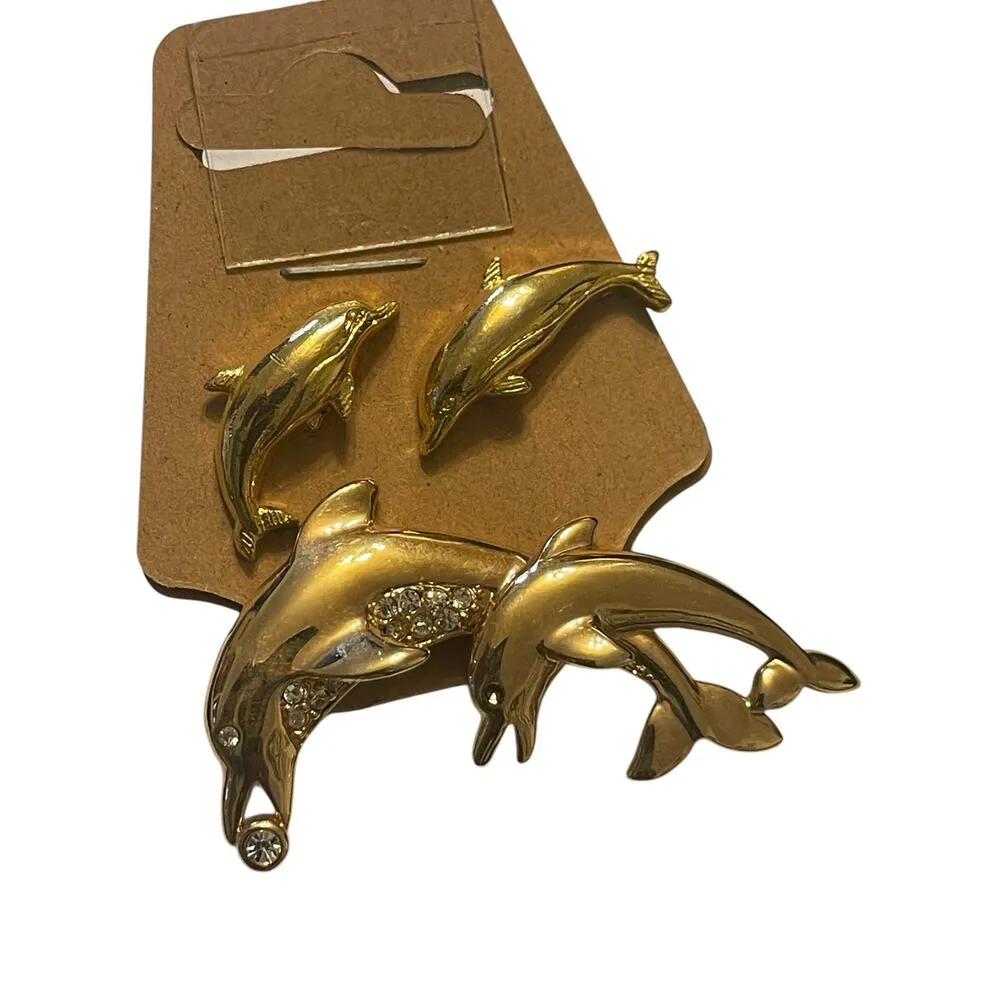 Cute set of dolphin pins and brooch Gold - Image 3