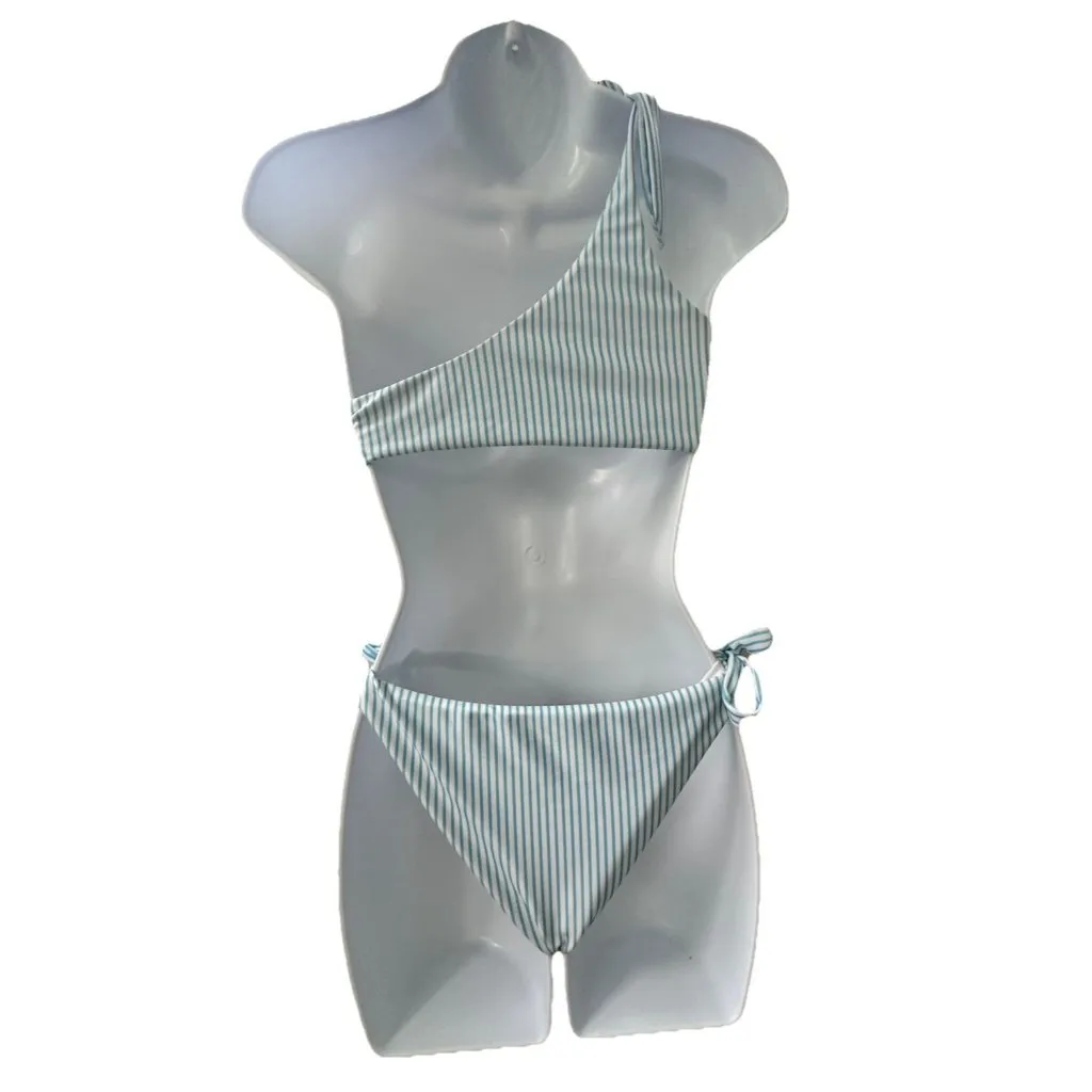 Womens One Shoulder Bikini Swimsuit Turquoise White Stripe Tie Size Large Preppy - Image 4