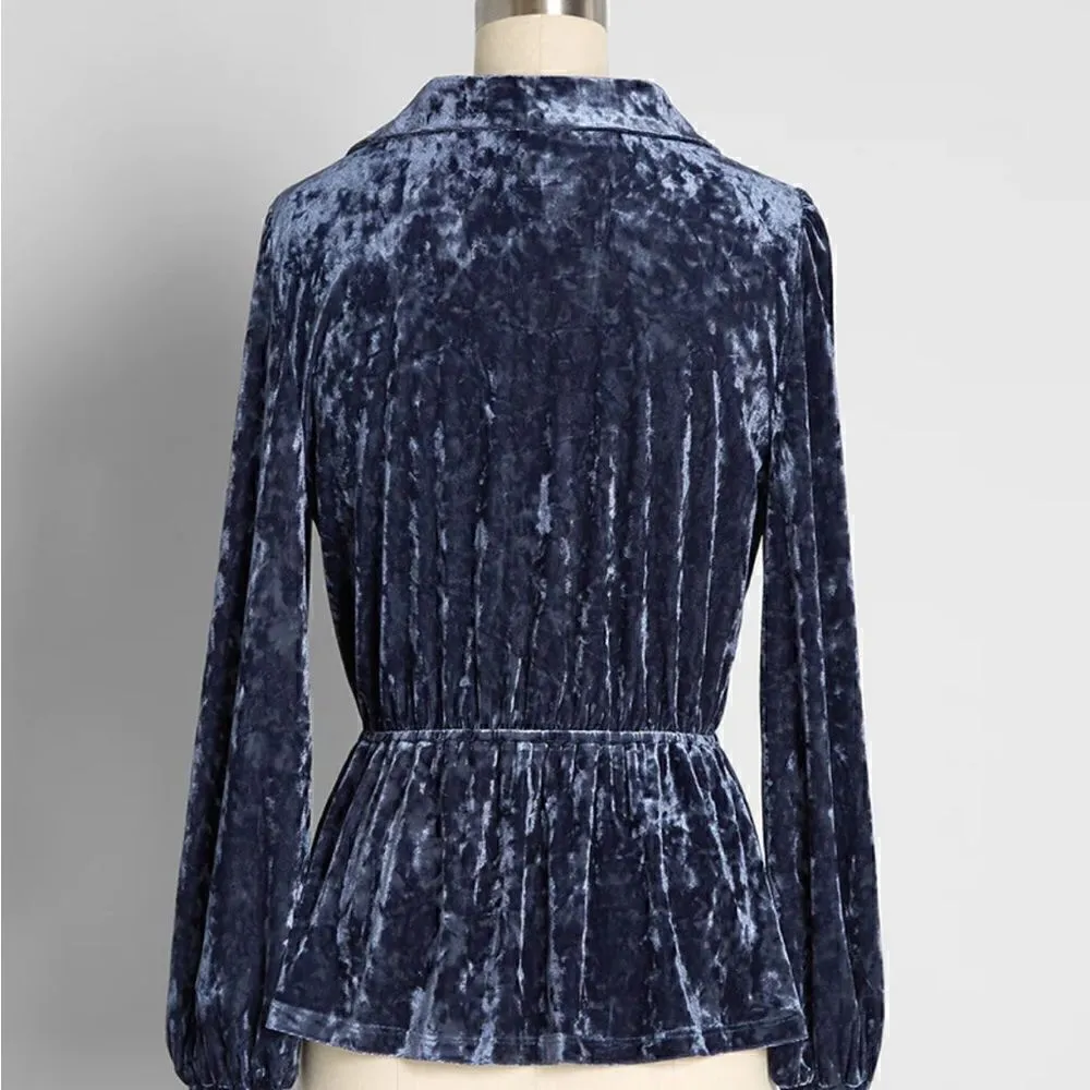 Modcloth Peak of Chic Crushed Velvet Top Faux Wrap Puff Sleeve Blue S - Image 2