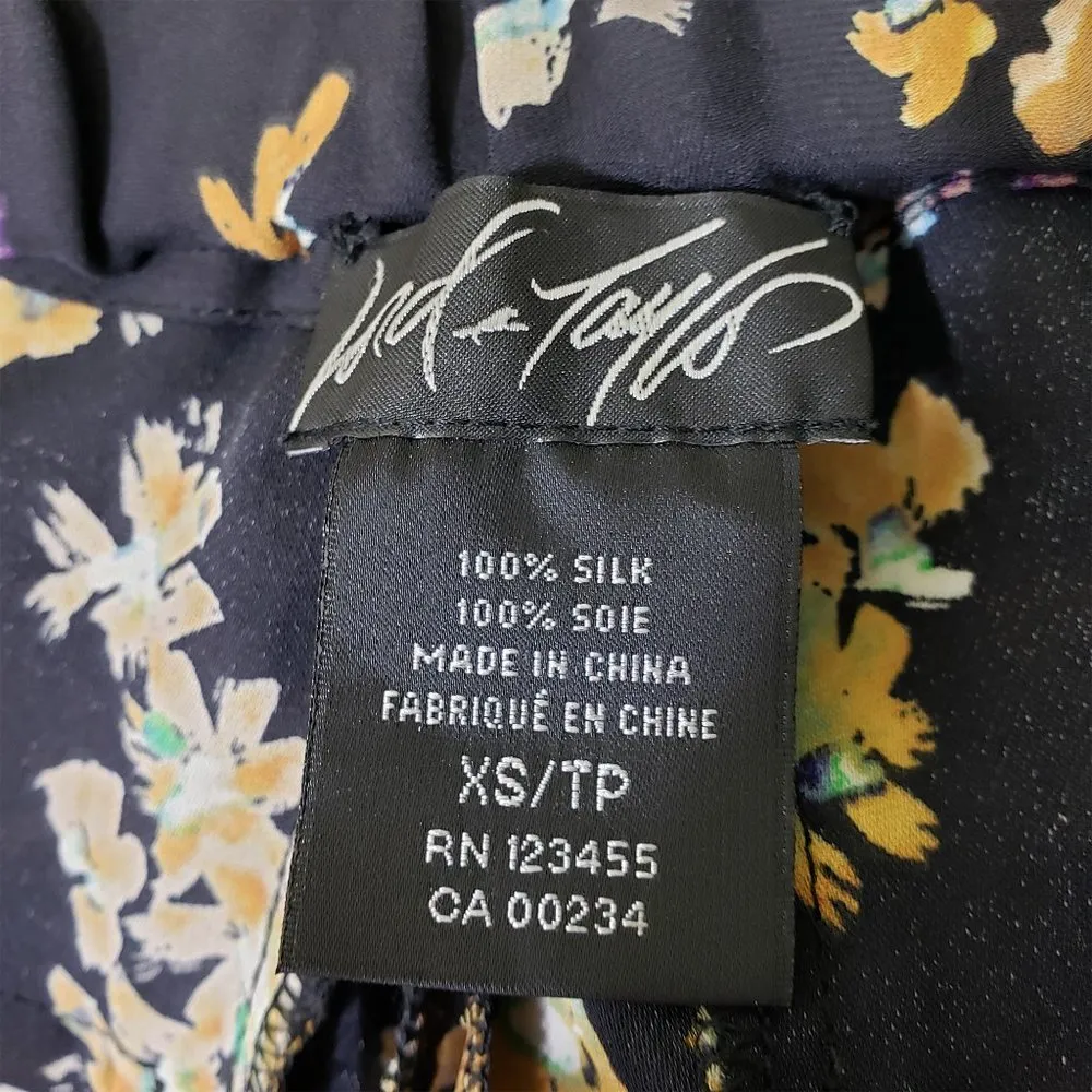 LORD & TAYLOR Women's XS Navy, Orange, Purple Floral Sheer, 100% Silk Pants Blue - Image 4