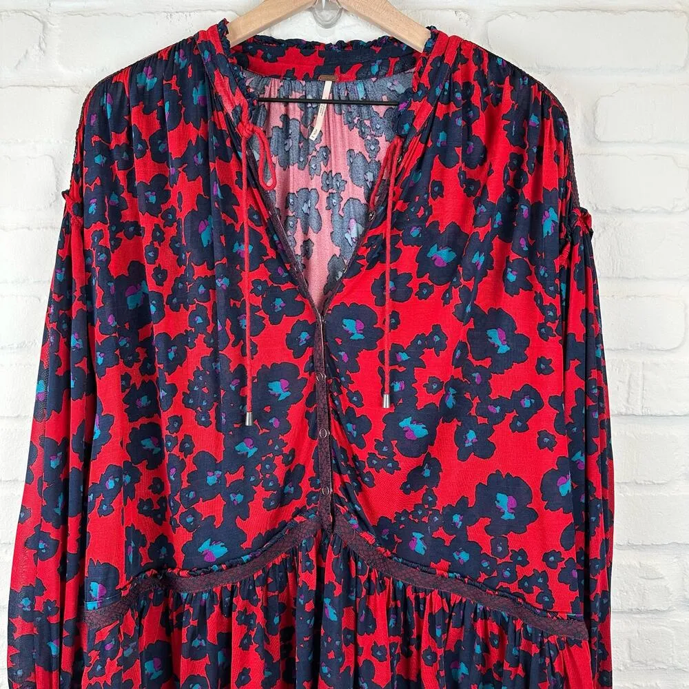 Free People Merlot Combo Love Letter Red & Blue Floral Size Small - Image 4