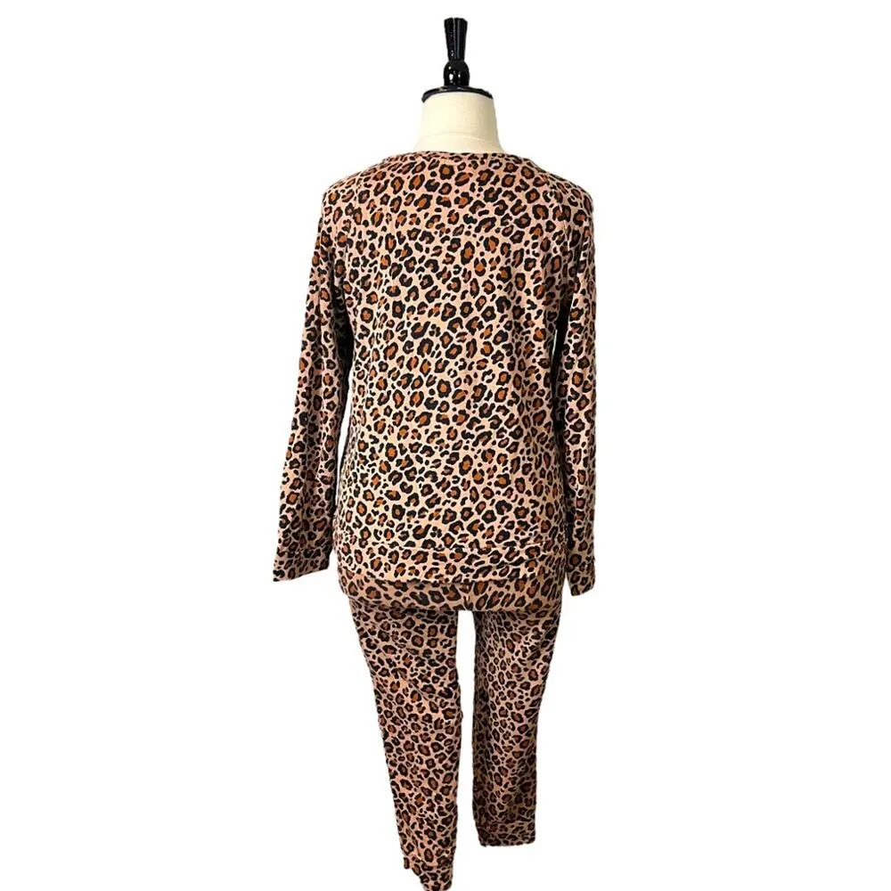 iRelax Pajama Set Jersey Knit Jogger Pant & Long Sleeve Top Leopard Women’s L/XL Brown - Image 5