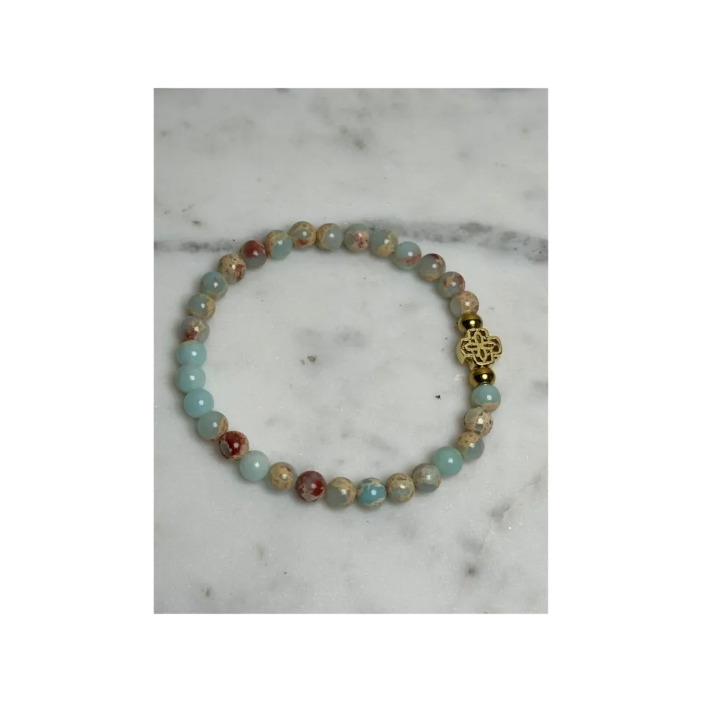 Handmade Aqua Terra Jasper Beaded Stretch Bracelet with Gold - Image 3