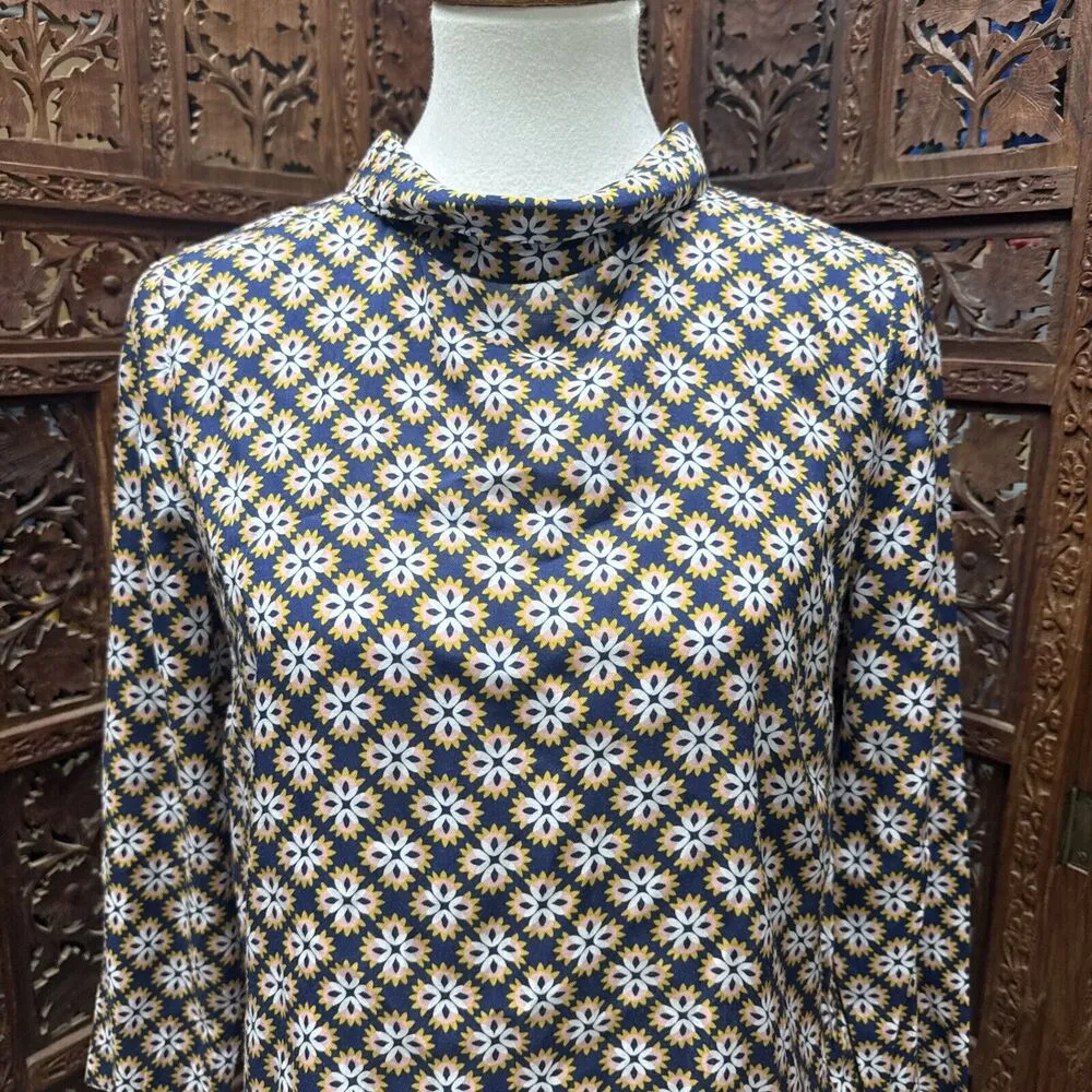 Boden Lily Top Size 6 Blue Gold Broad Bean Tile Print Blouse Satin Long Sleeve - Image 2