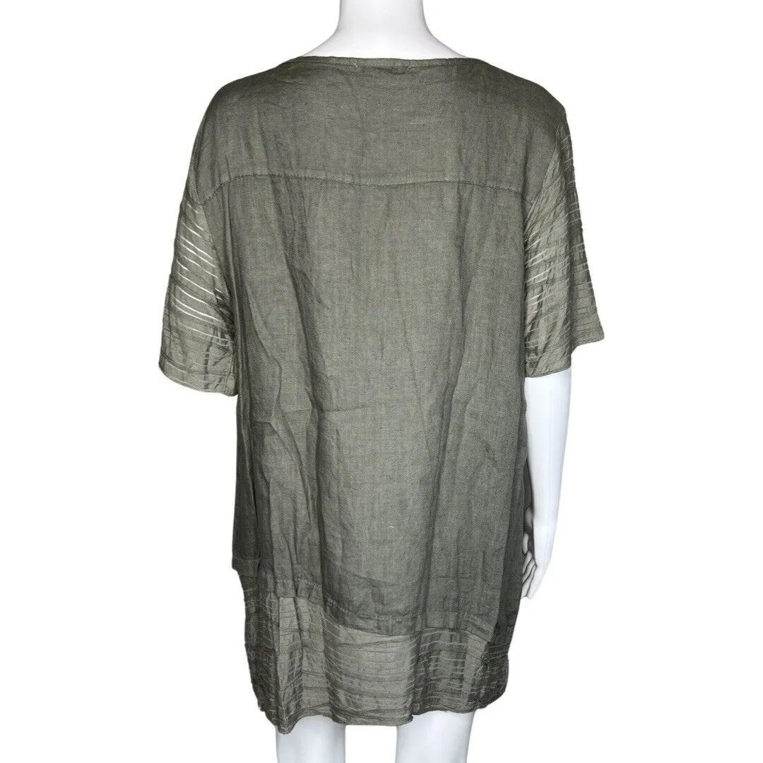 Tempo Paris Shirt Womens Small Green Linen‎ Tunic Top Neutral Basic Lagenlook - Image 4