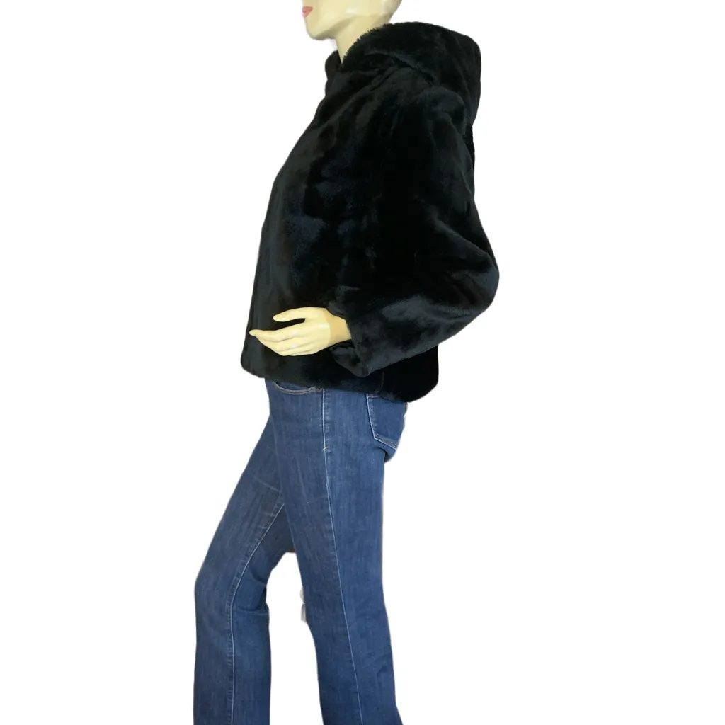 VINTAGE CIRCA 1980'S GLENOIT BLACK FAUX FUR HOODED SHORT COAT (10) - Image 6