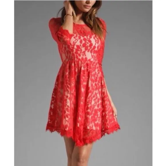 FREE PEOPLE Red Mesh Floral Lace Overlay Dress Size 4 - Image 4