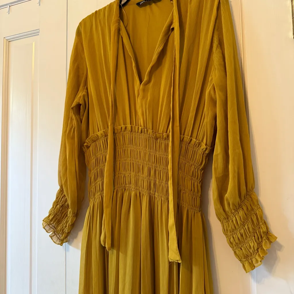 Zara Mustard Yellow Ruched Waist Tie Neck Maxi Dress Size XL - Image 6