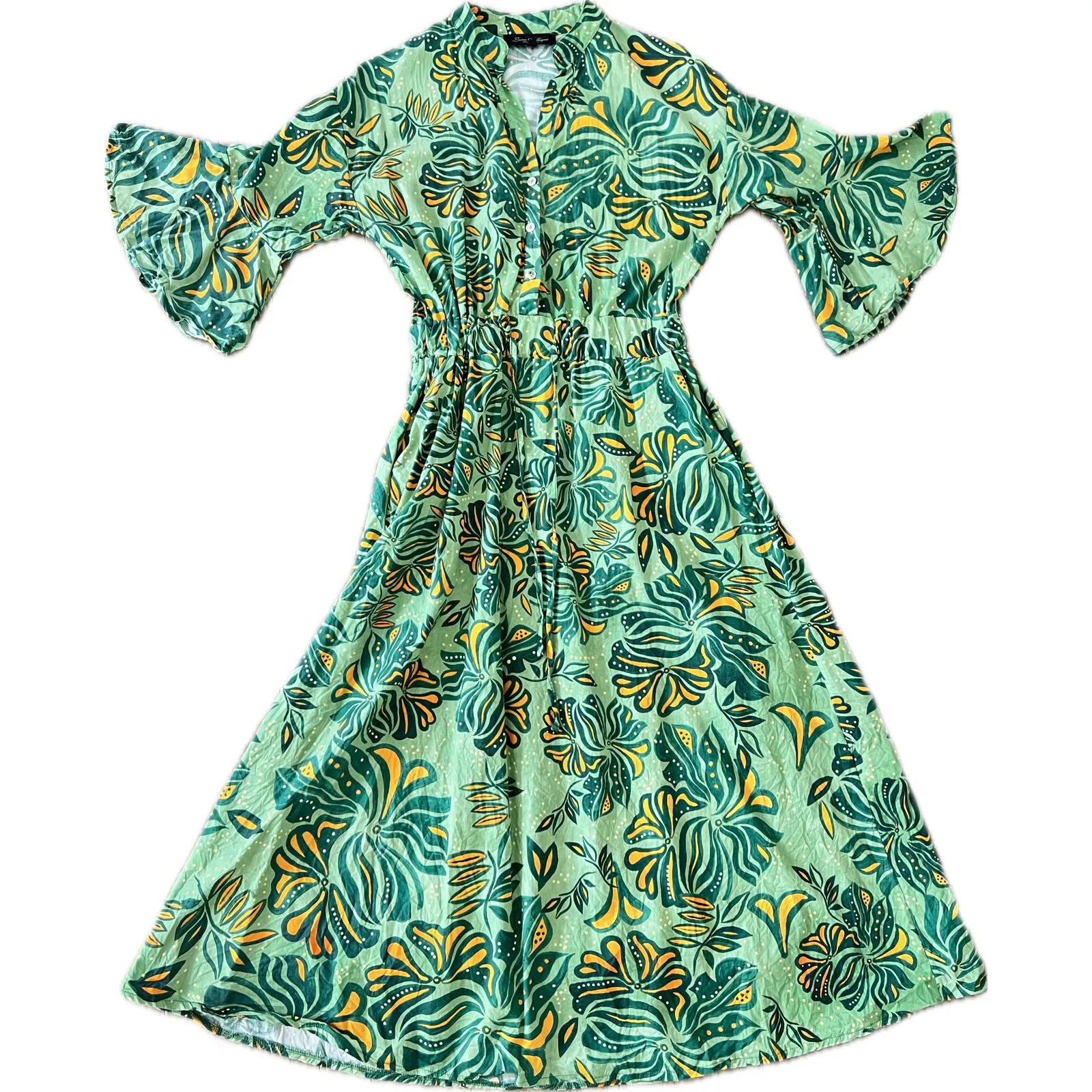 Luna Allegra Cotton Green Botanical Dress Large Bell Sleeve Midi Mandarin Collar - Image 5