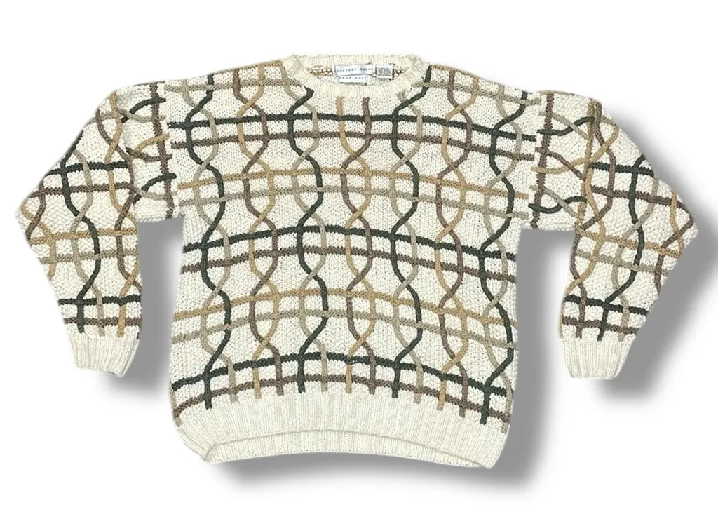 Vintage Geoffrey Beene Hand Knit Sweater Medium Beige Coogi Style - Image 1