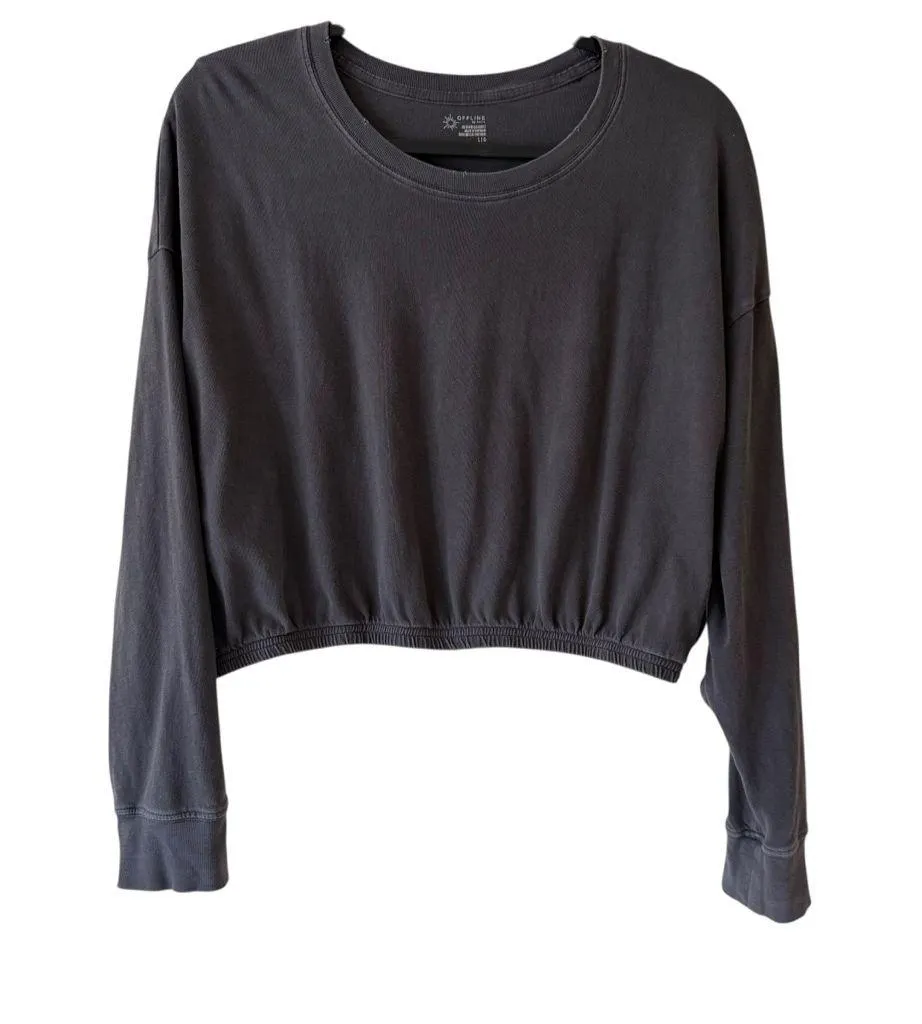 Offline Aerie Gray Long Sleeve Crop T Shirt Elastic Waist Mercury Retrograde L Size L - Image 2