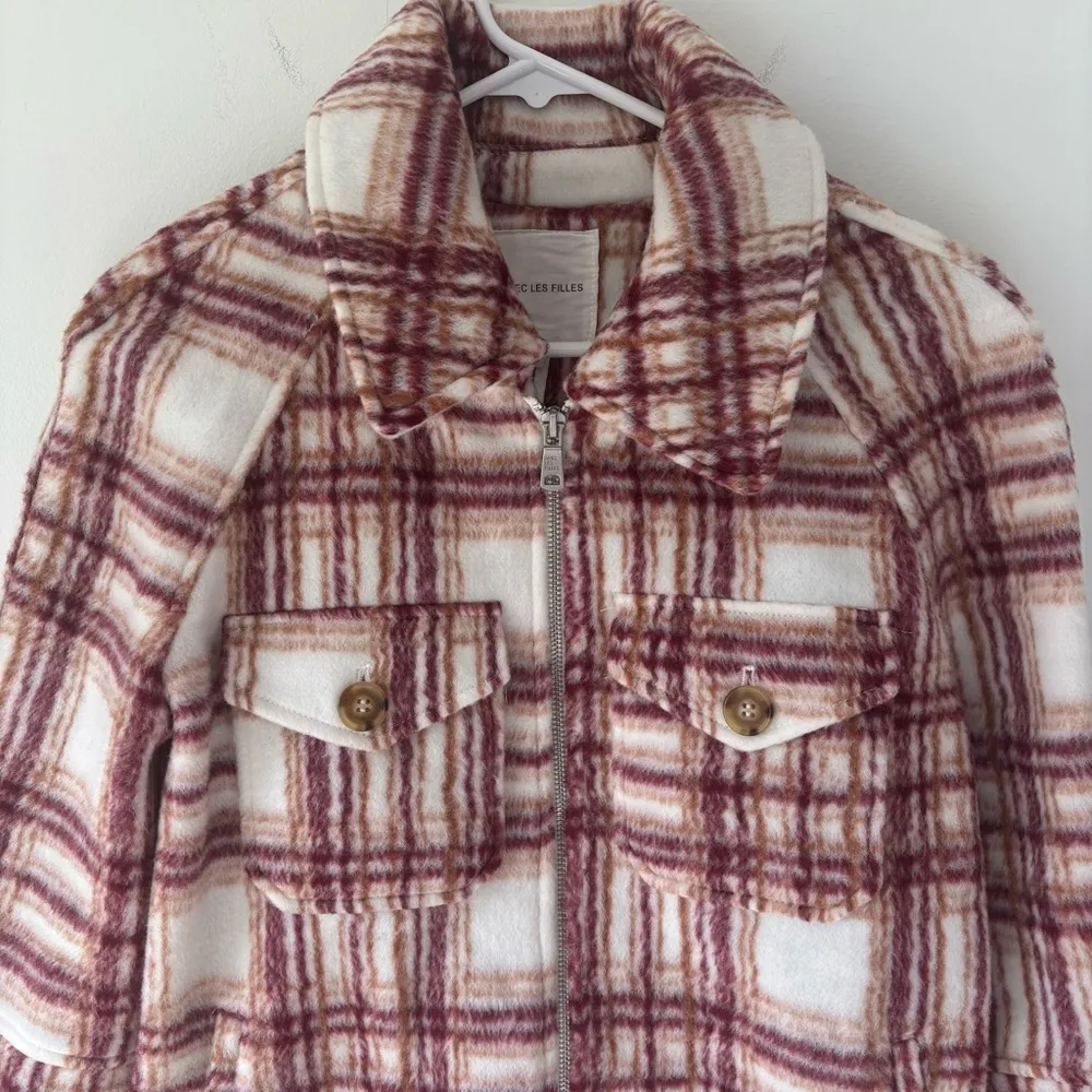 Avec Les Filles Plaid Zip Up Jacket Fleece White Pink Orange Shacket Cropped - Image 3