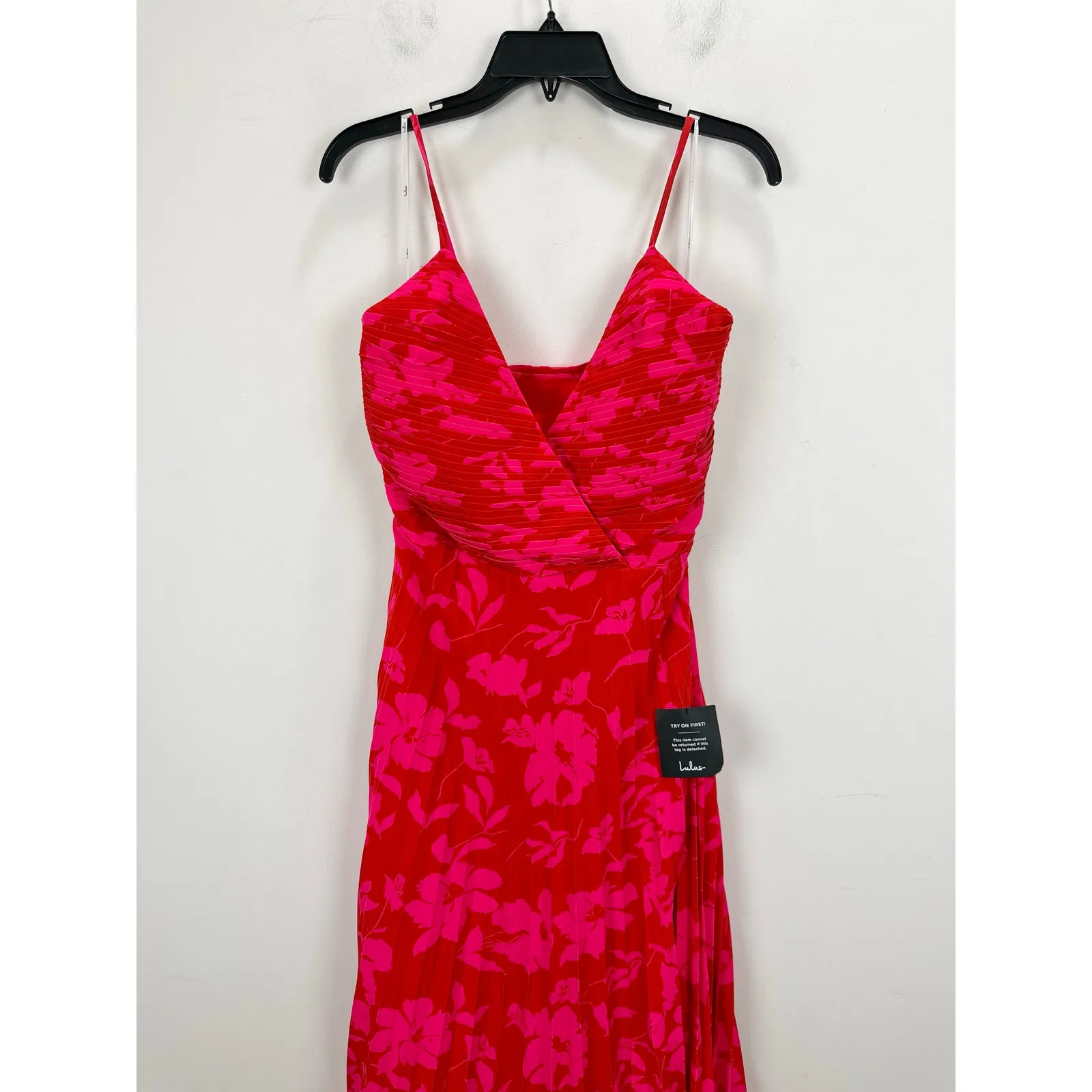 Lulus Vibrant Moment Red and Pink Floral Pleated Lace Up Midi Dress Party XL NWT - Image 6