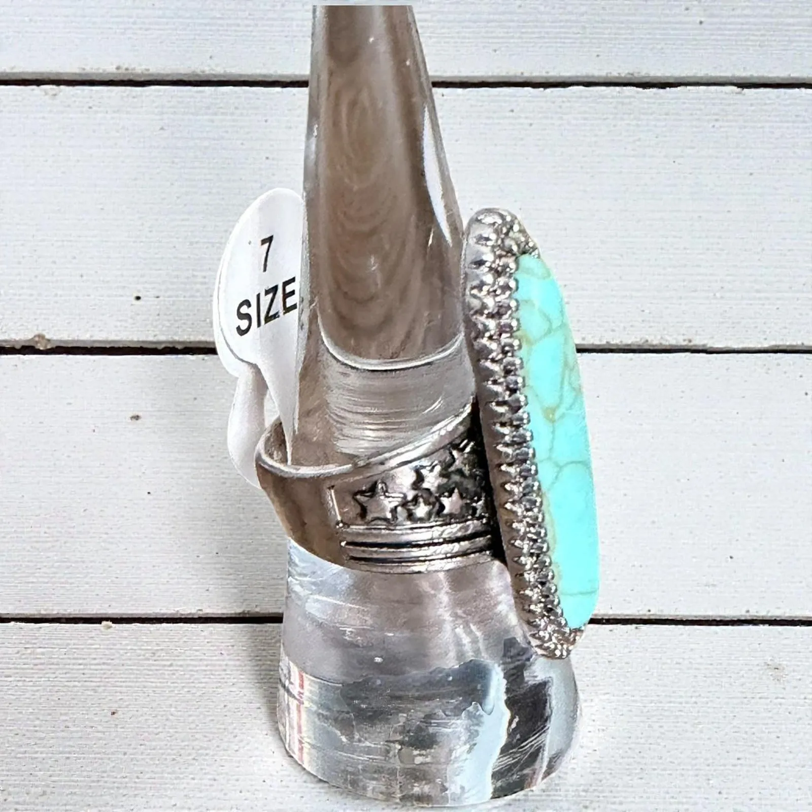 Silver Turquoise Stone Ring With Star Accents Size 7 - Image 4