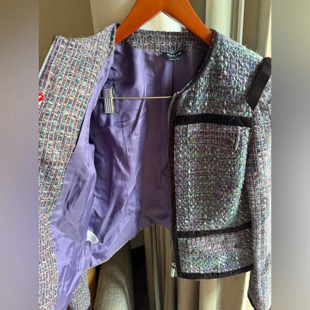 $698 Worth NYC Amethyst Tweed Velvet Ribbon Trim Pocket Wool Blend Jacket Size 8 Green - Image 5