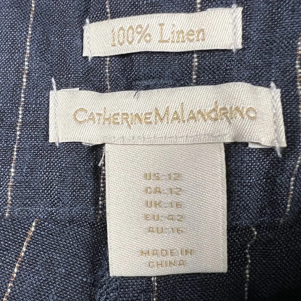 Catherine Malandrino 100% Linen Pinstripe High Rise Wide Leg Pants Blue Size 12 - Image 3