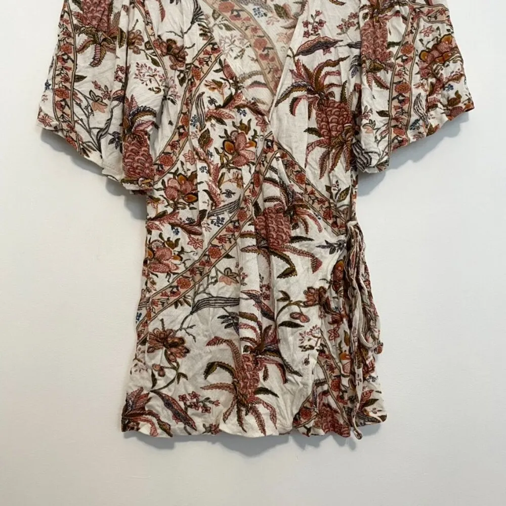 LUCKY BRAND Floral Print Wrap Top Cream Ivory Multi Short Sleeve Boho Surplice M - Image 5