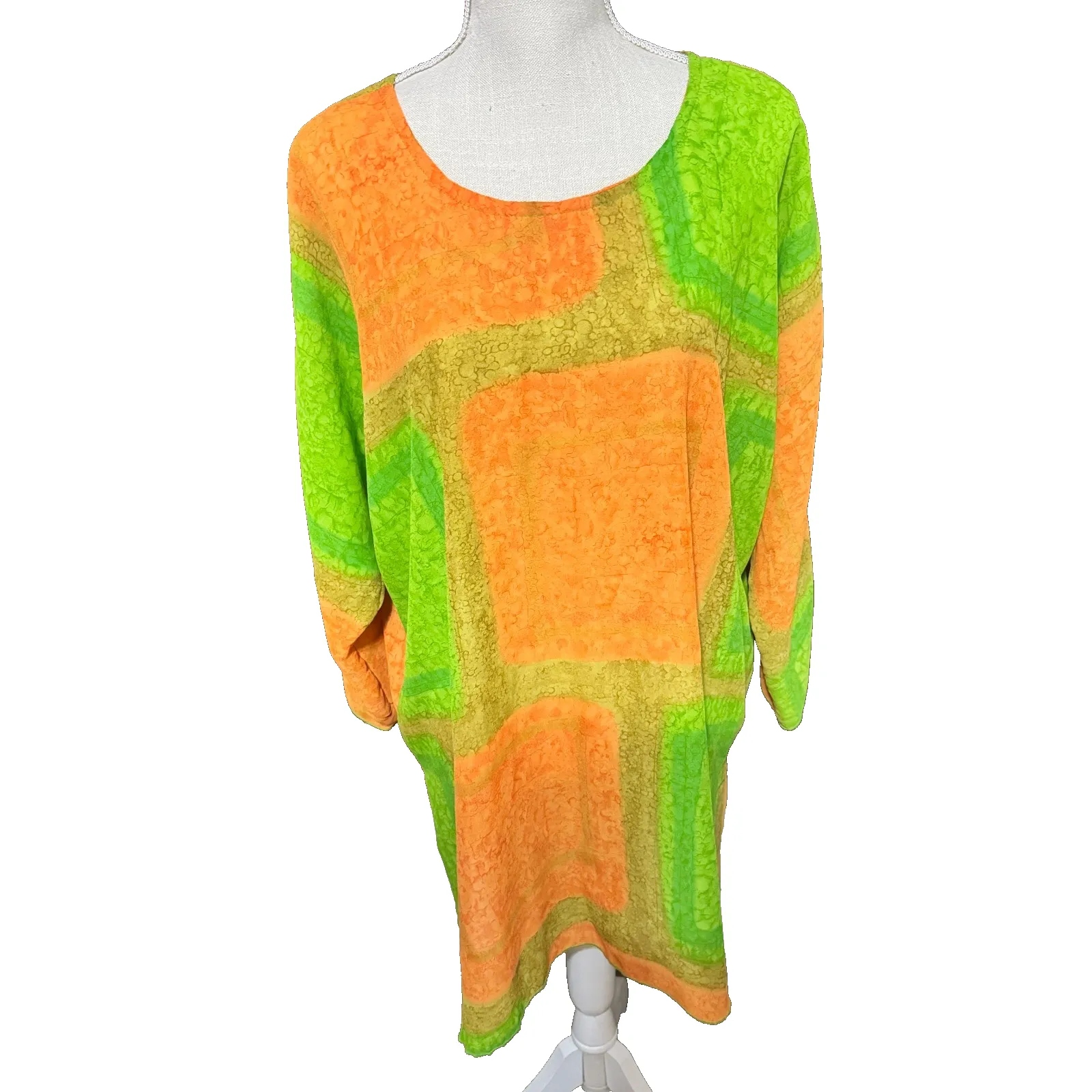 VTG 70s House of Ross Dallas Psychedelic Shift Dress Neon Orange Green Mod GoGo Size L - Image 2