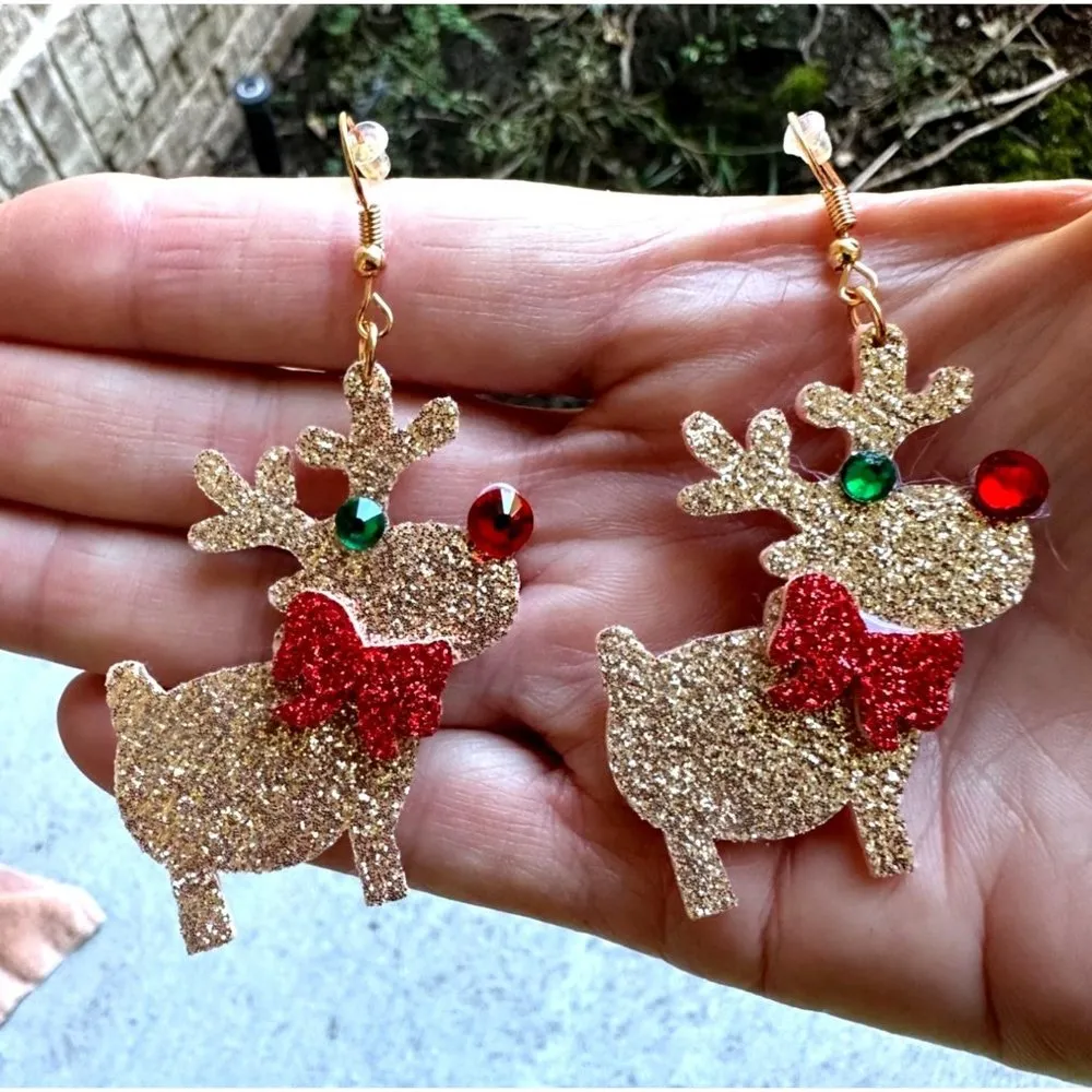 Rudolph Reindeer Earrings Handmade Christmas Whimsical Hooks Glitter Acc… - Image 2