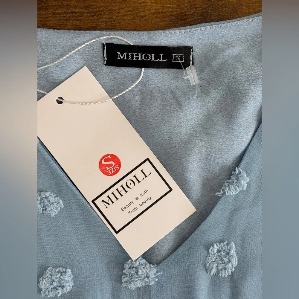 NWT Miholl Size S Light Blue Sheer Babydoll Dress with Pom Pom Details V - Image 3