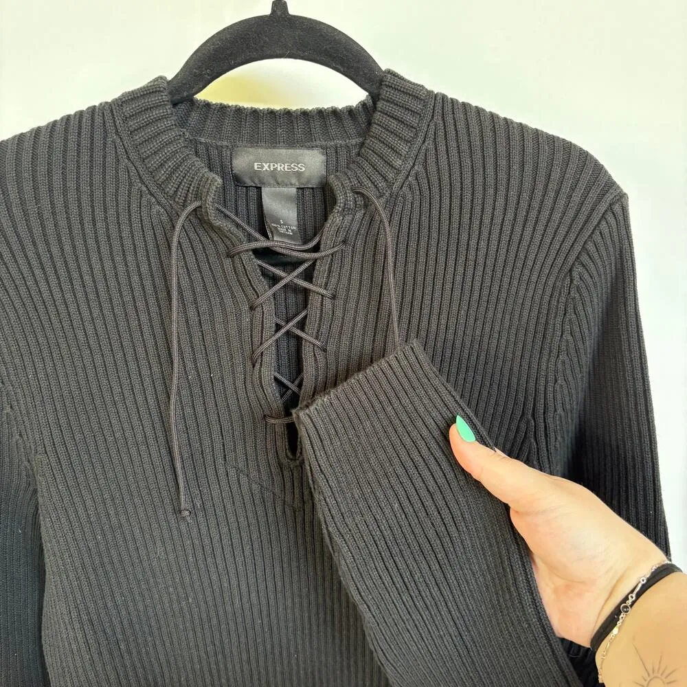 Express Black Ribbed Punk Lace Up Thick Sweater Goth Rockstar GF Cotton Small - Image 4