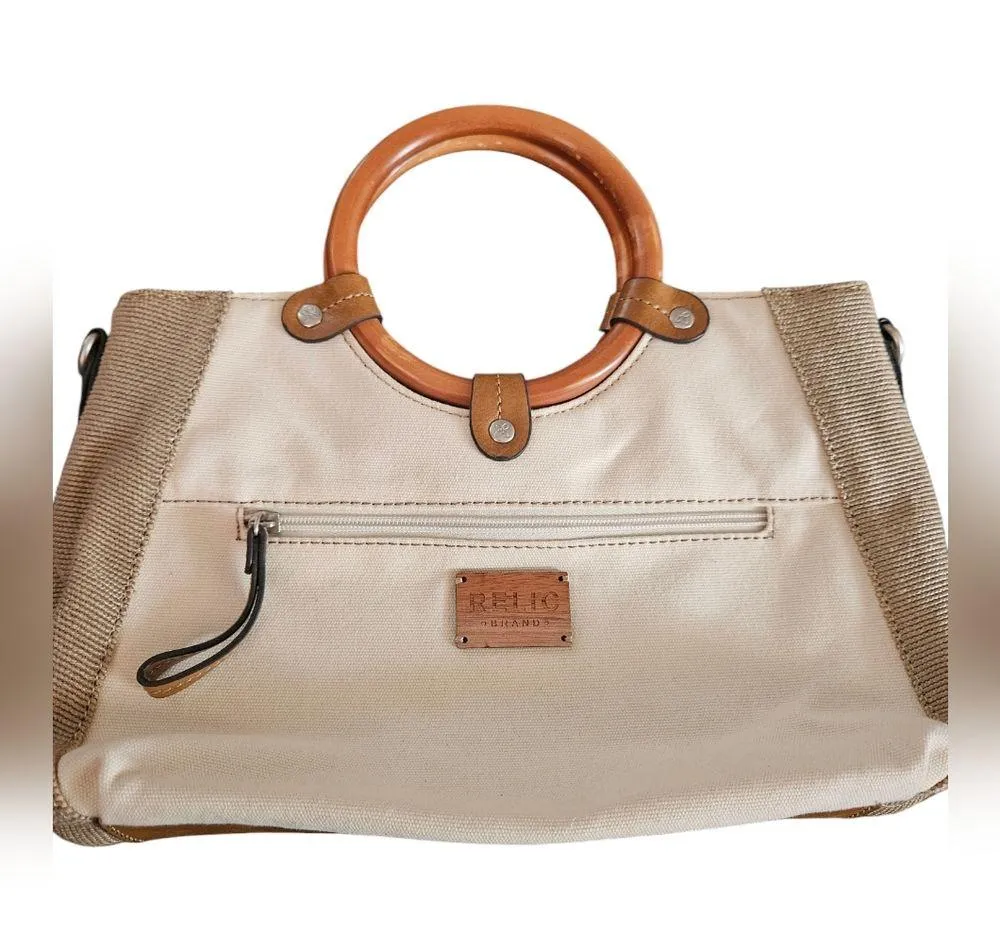 Relic Floral Beige Handbag with Tan Leather Trim (11in x 8.5in x 4in) - Image 2
