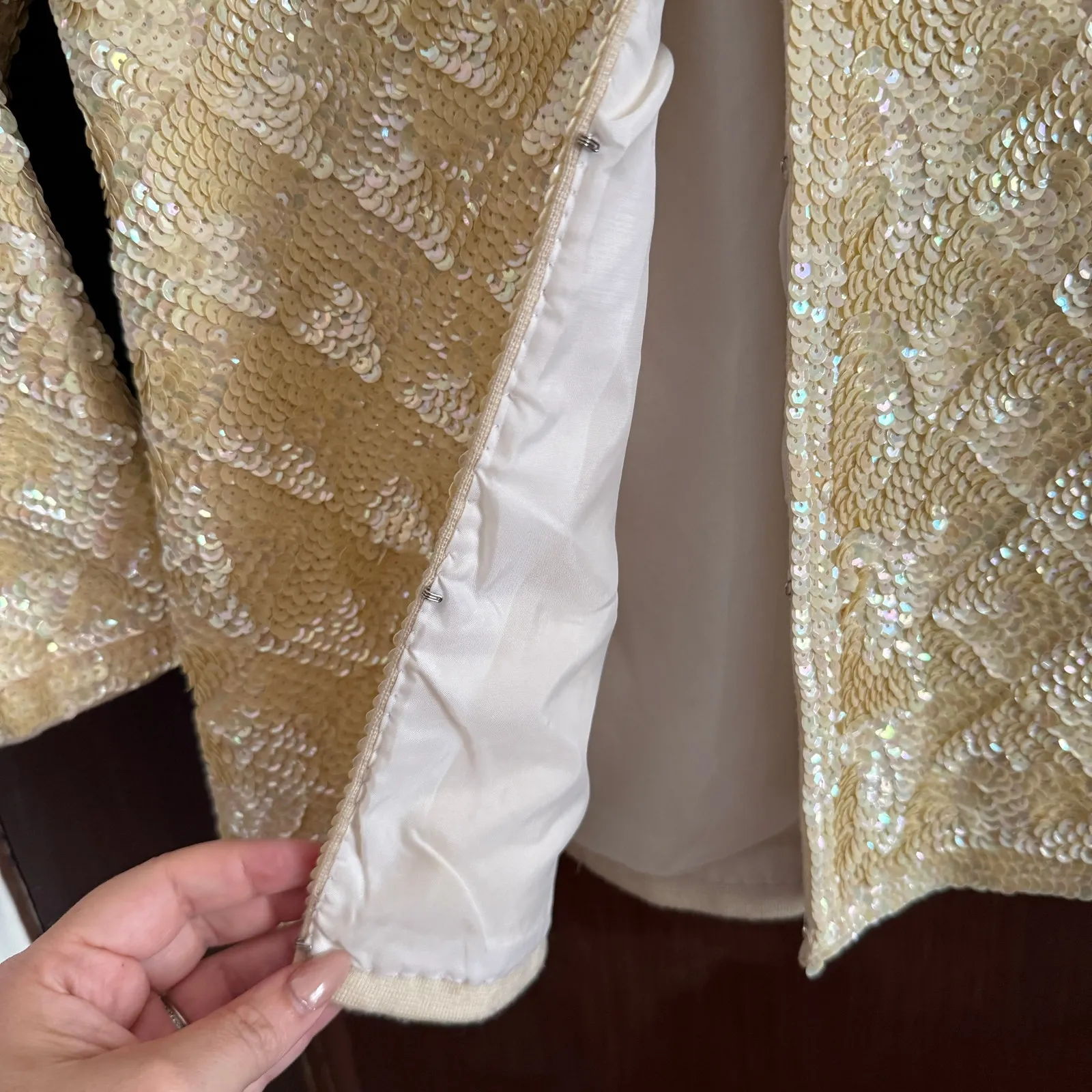 1950s Vintage Creamy Butter Yellow Sequin Patterned Evening Jacket Blazer XS - Image 3