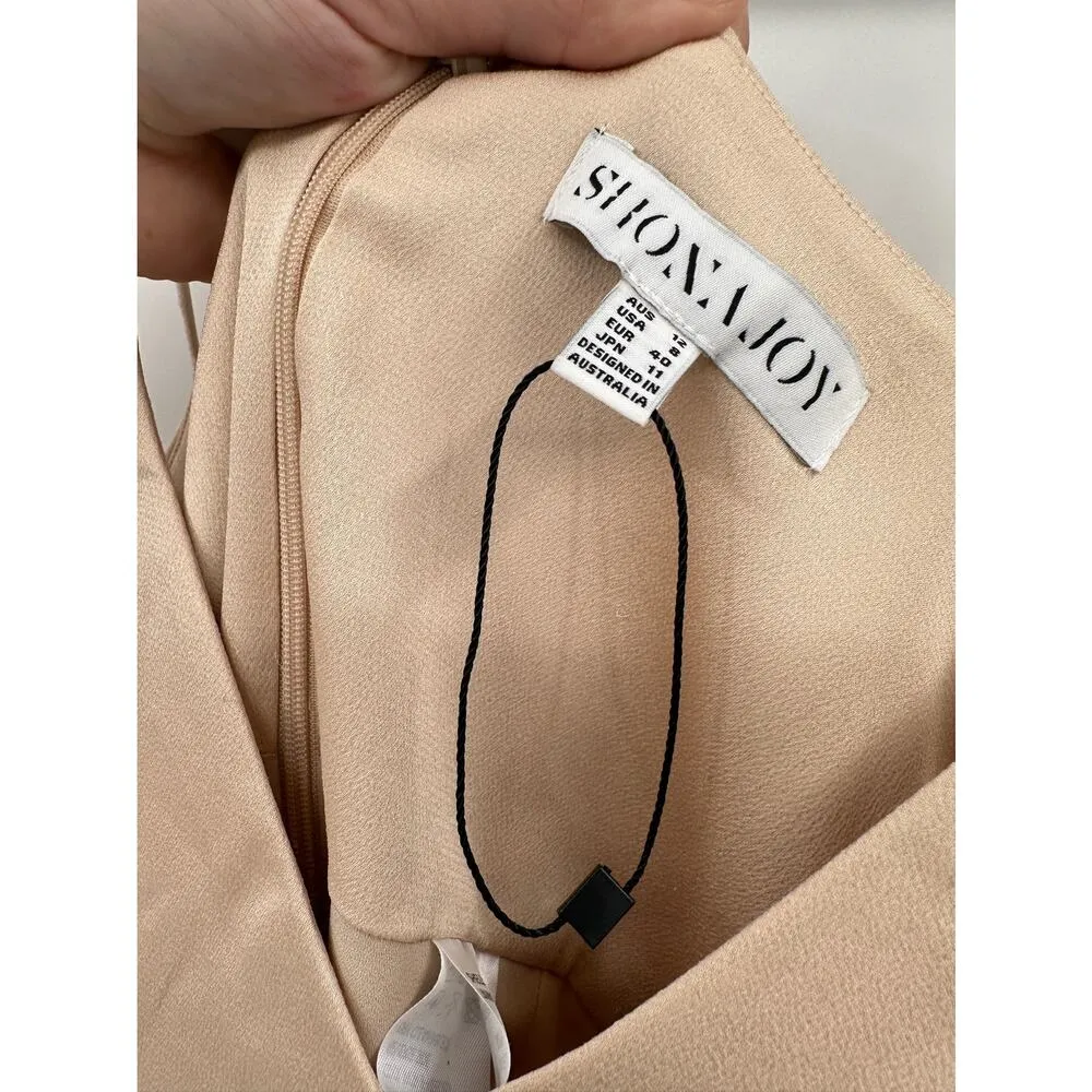 Shona Joy Luxe Cocktail Frill Tulip Hem V-Neck Satin Champagne Dress Size 8 NWT - Image 5