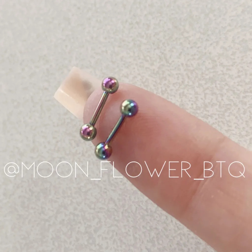 Tiny Rainbow Barbell Earrings 3mm Pink - Image 2